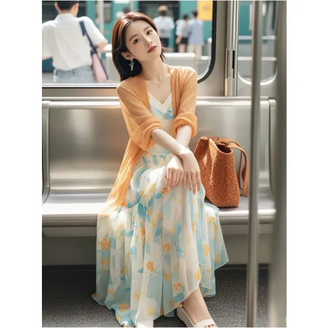 2024早秋新款法式超好看气质碎花吊带连衣裙子两件套装女夏季长裙