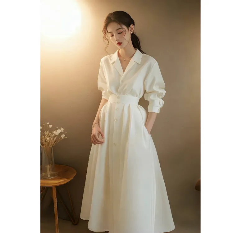 2024款早秋穿搭洋气时尚时髦气质独特绝美韩风chic白色衬衫连衣裙