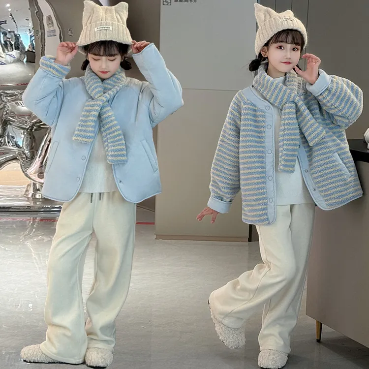 女童秋冬外套2025新款两面穿时尚仿羊羔毛棉服外套条纹夹棉上衣潮