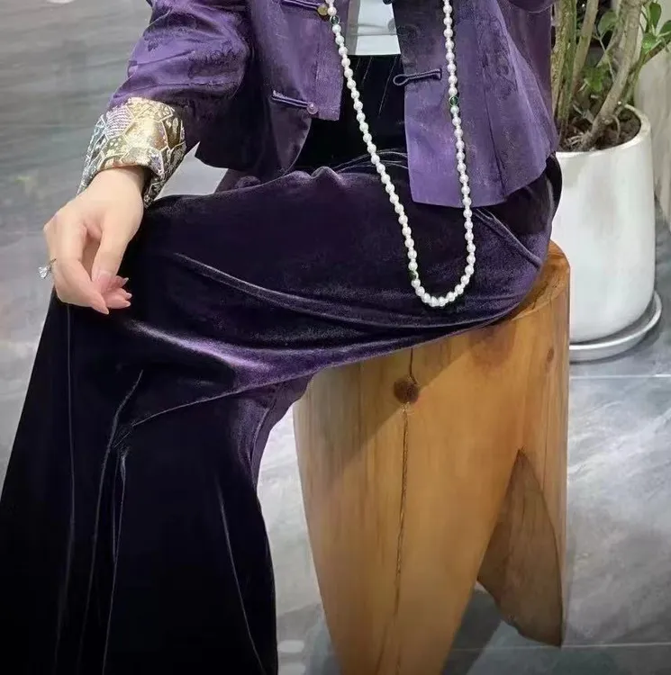 春秋真丝丝绒直筒裤 撞色腰高级显瘦桑蚕丝直筒裤百搭气质休闲裤