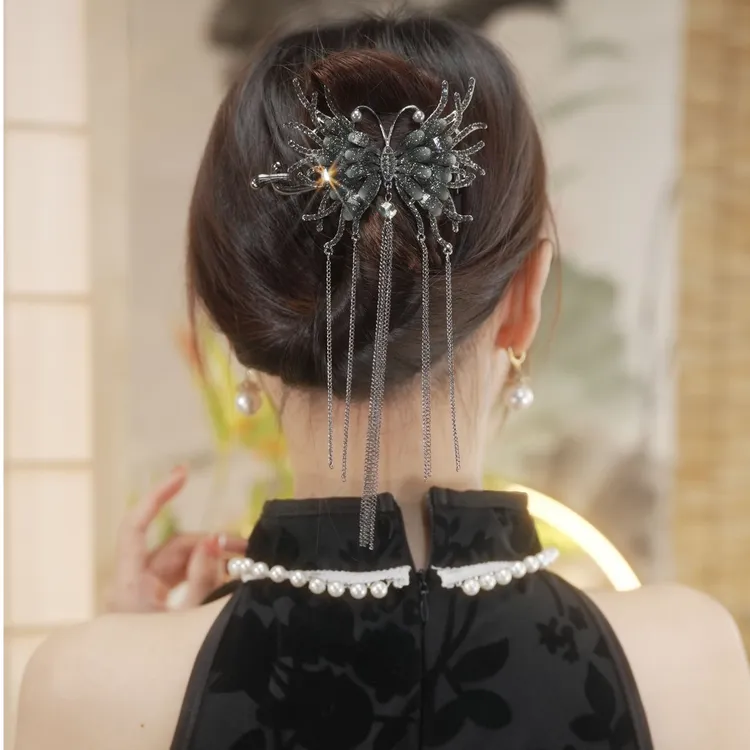 哈韩宅物铜合金发饰铃兰花蝴蝶流苏扭扭夹时尚气质高级感一字夹