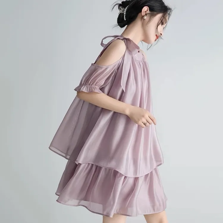香芋紫色韩版短袖露肩连衣裙女 原创设计夏季新款蝴蝶结挂脖A字裙