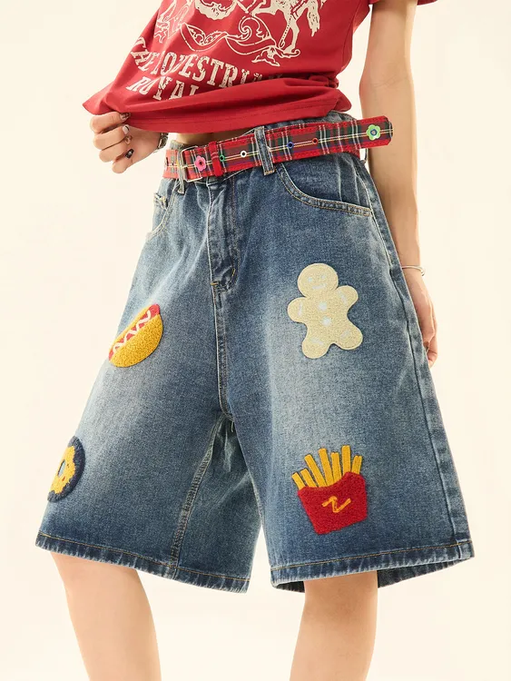 oversize美式复古「汉堡薯条毛巾绣」牛仔短裤男女情侣夏季五分裤子