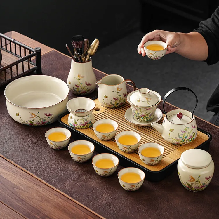 虞美人茶具套装家用高档轻奢泡茶壶办公室会客汝窑提梁壶功夫茶盘