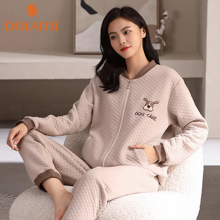 多拉美夹棉空气层休闲简约拉链睡衣女士春秋保暖套装家居服睡衣女
