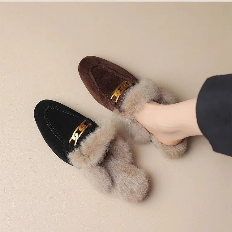 新中式简约平底毛毛拖鞋女外穿磨砂棉拖鞋穆勒鞋秋冬季单鞋包头