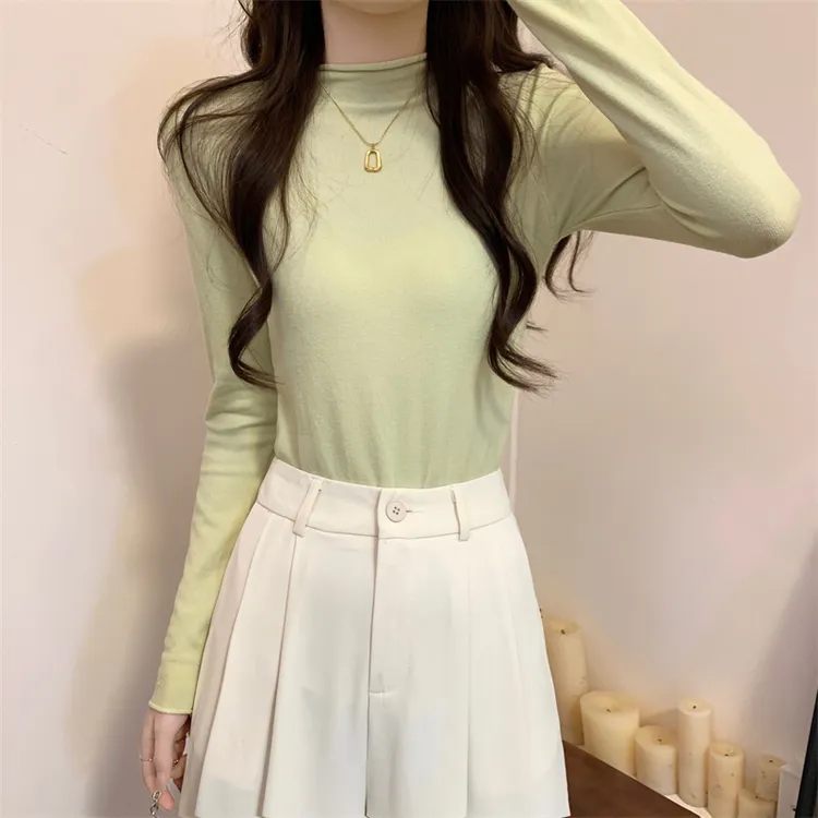 韩风浅绿色设计感半高领长袖套头白色针织打底衫内搭显瘦时尚上衣