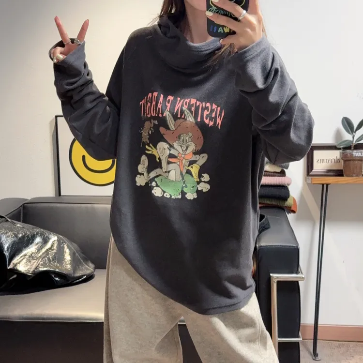 新款烟灰色双面绒半高领连帽T恤女宽松显瘦高弹柔软保暖