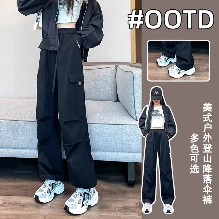 窄版工装裤女款爆款2025新款小个子春秋又酷又飒黑色美式阔腿裤子