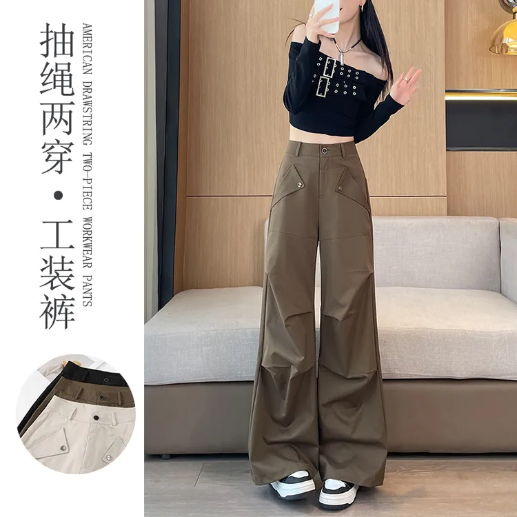 工装裤女款爆款2025新款春秋美式高腰复古又酷又飒直筒拖地阔腿裤
