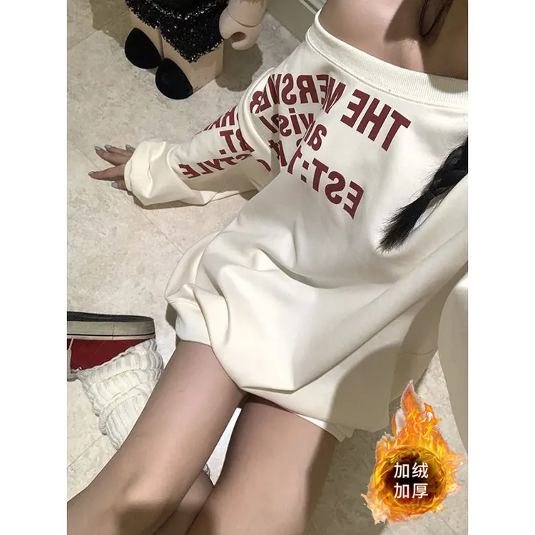 美式辣妹印花卫衣秋冬加绒加厚小众设计宽松休闲斜肩长袖上衣女