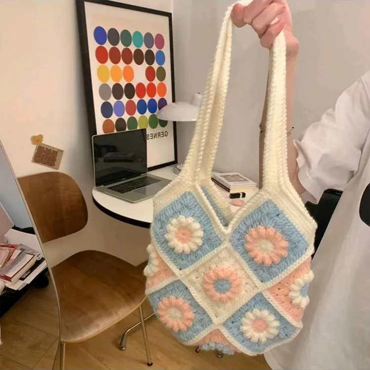 新款小雏菊祖母格拼接包手工diy材料包编织毛线钩针手提单肩包