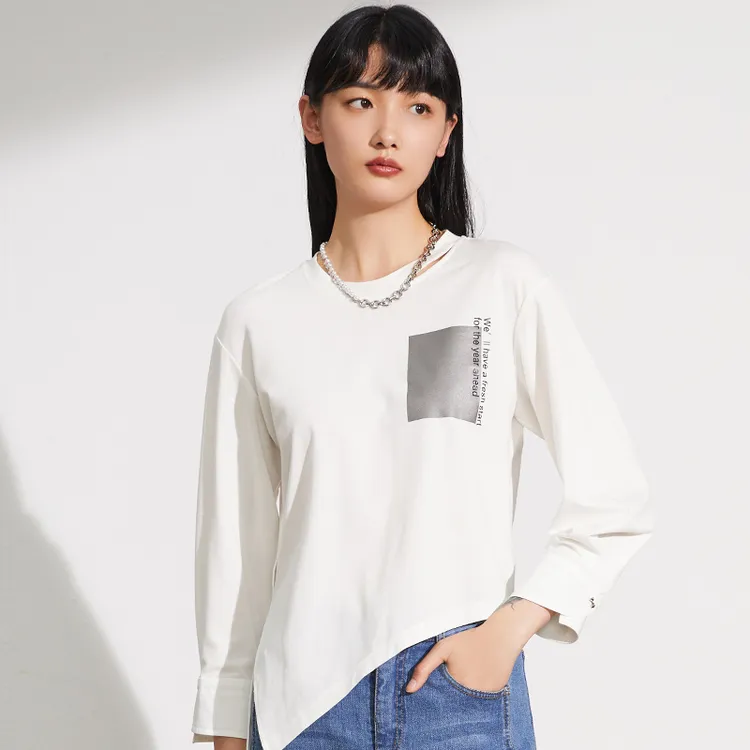 打底t恤女长袖圆领别致设计感宽松不规则上衣141T5127