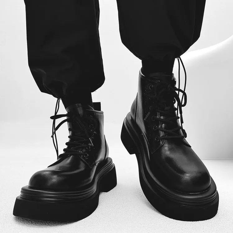 中帮马丁靴男女英伦松糕厚底短靴情侣复古增高工装机车靴高帮皮鞋