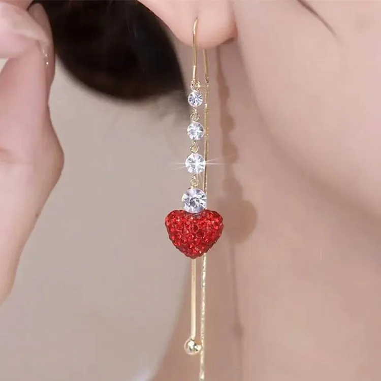 铜合金耳饰 设计感时尚红色满钻爱心流苏气质防丢耳线094