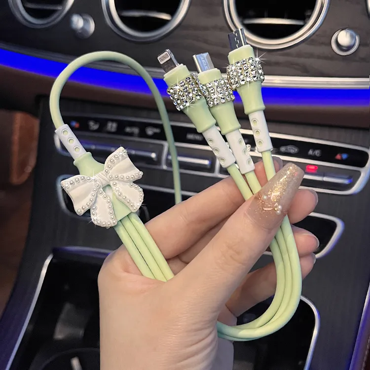 车载充电器线一拖三超级快充网红镶钻女神款多功能typec数据线三