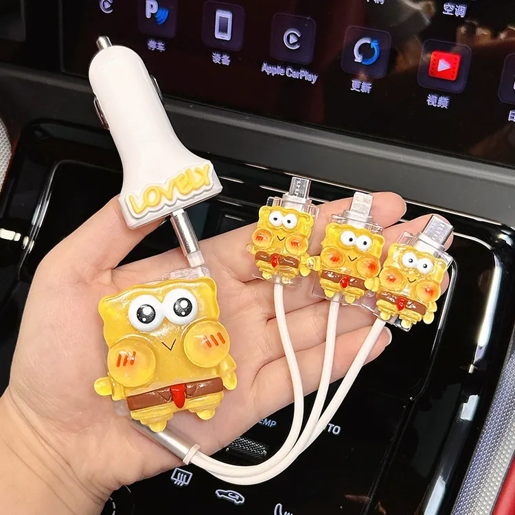 车载点烟器转换插头快充可爱卡通海绵宝宝汽车数据线一拖三充电器