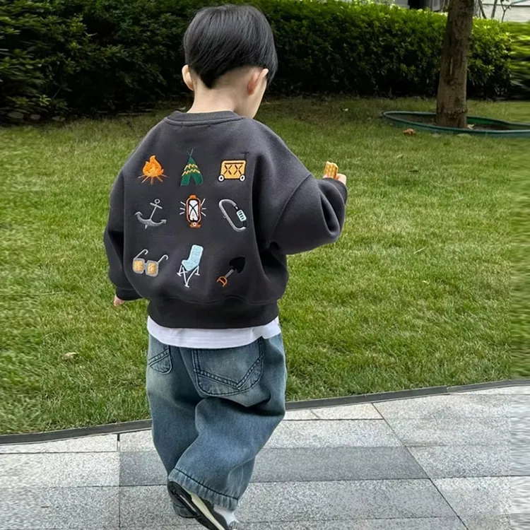 韩国童装秋冬男童洋气卡通加绒卫衣2025新款宝宝休闲套头衫上衣