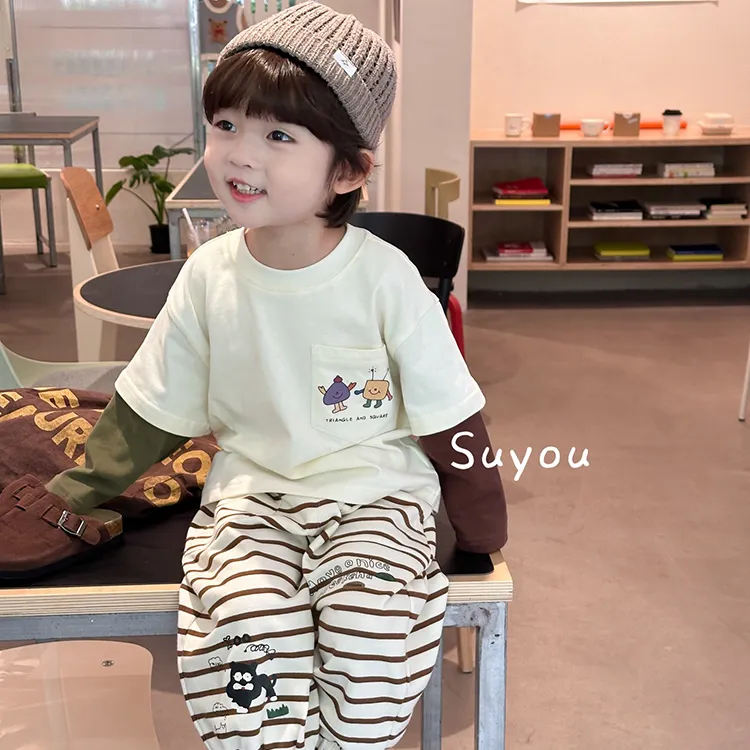 2025秋季新款韩版男童长袖T恤卡通印花假两件宝宝休闲洋气上衣