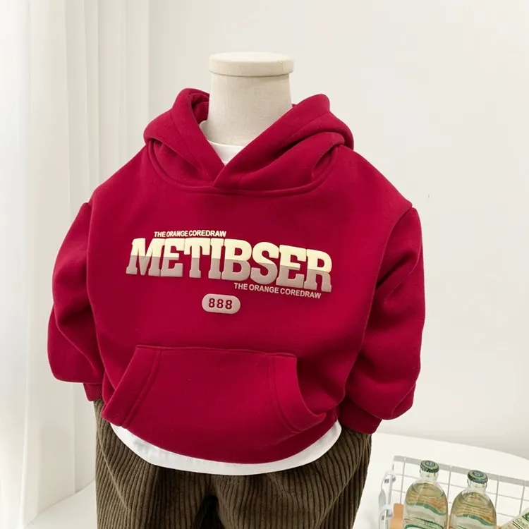 男童加绒卫衣儿童装棉新年红色套头连帽衫中小童一体绒休闲上衣