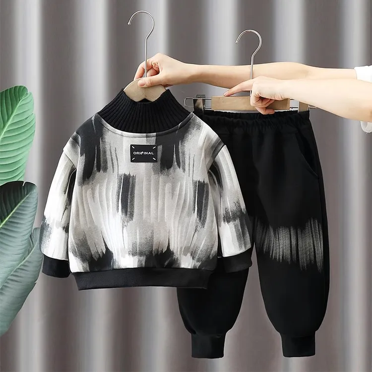 男童加绒套装2025年新款中小童半高领卫衣宝宝冬季潮款两件套潮