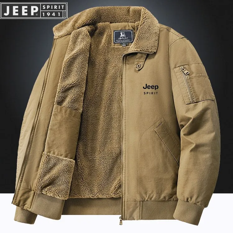 JEEP吉普羊羔绒外套男冬季加绒加厚夹克中青年棉服工装飞行员纯棉