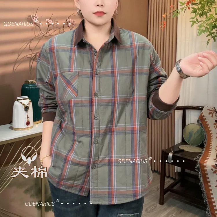 夹棉条纹格束口袖方领长袖衬衫舒适好穿易打理上衣气质百搭外衬