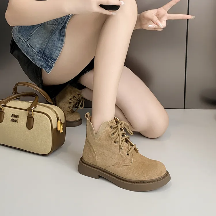 韩版马丁靴女英伦风2025新款夏平底厚底短靴女卡其色靴子磨砂酷飒