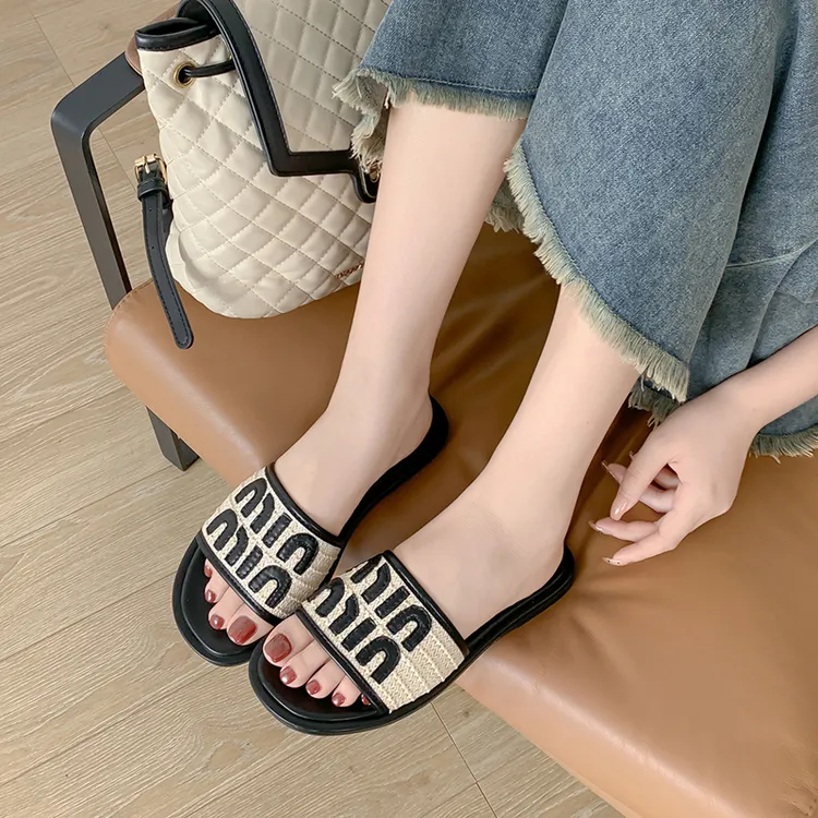 编织拖鞋女鞋女外穿沙滩2024新款夏季一字凉拖平底度假凉鞋女仙气