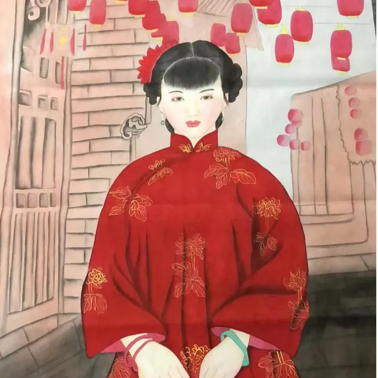 姚桂元老艺术家国画真迹字画工笔人物中国红日本丝娟