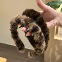 豹纹波浪发箍新款秋冬高颅顶头箍带齿毛绒绒可爱头饰防滑洗脸发卡