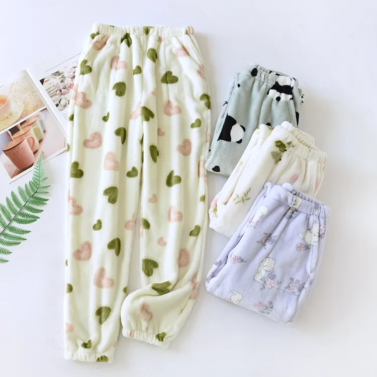 珊瑚绒睡裤女长裤秋冬季保暖法兰绒睡衣加厚保暖加绒暖暖家居裤