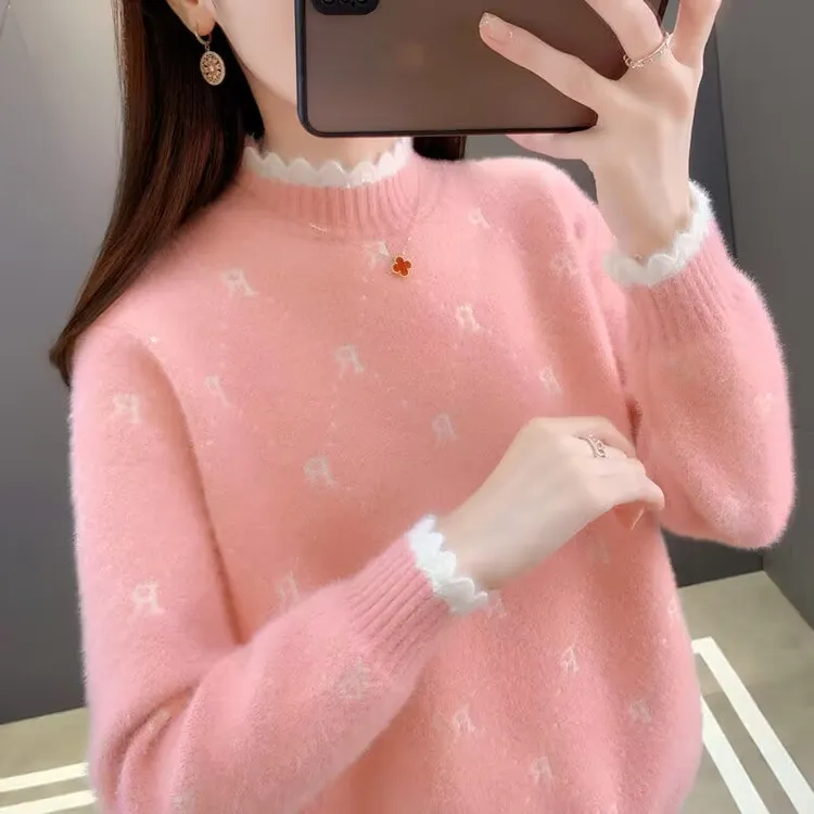 半高领水貂绒毛衣女秋冬2023新款套头短款洋气内搭宽松针织打底衫
