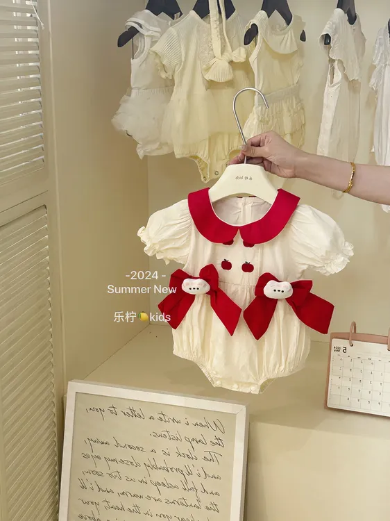 【乐柠kids】婴儿夏季新款刺绣苹果包屁衣宝宝网红洋气哈衣连身衣服