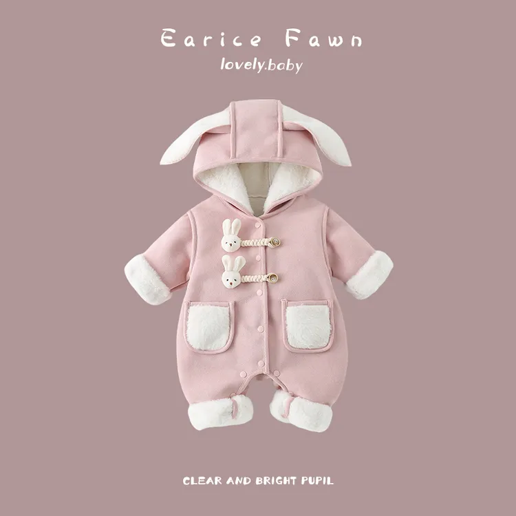 YM婴儿衣服冬季可爱连体衣外出加棉加厚爬爬服秋冬装满月百天棉衣