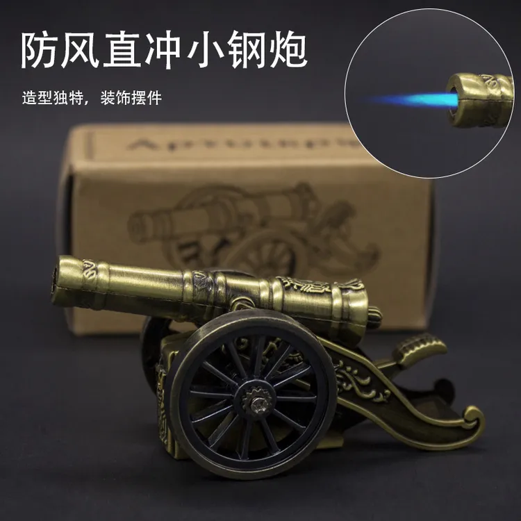 精美个性装饰台式金属古铜色迷你小炮模型充气打火机创意防风直冲