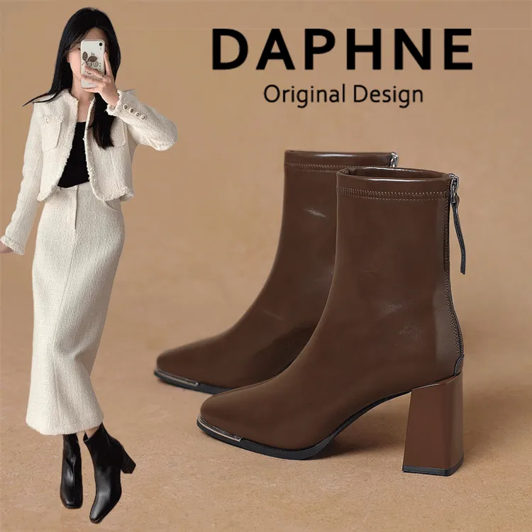 达芙妮时髦小短靴女高跟鞋2025新款加绒保暖网红机车靴子女瘦瘦靴