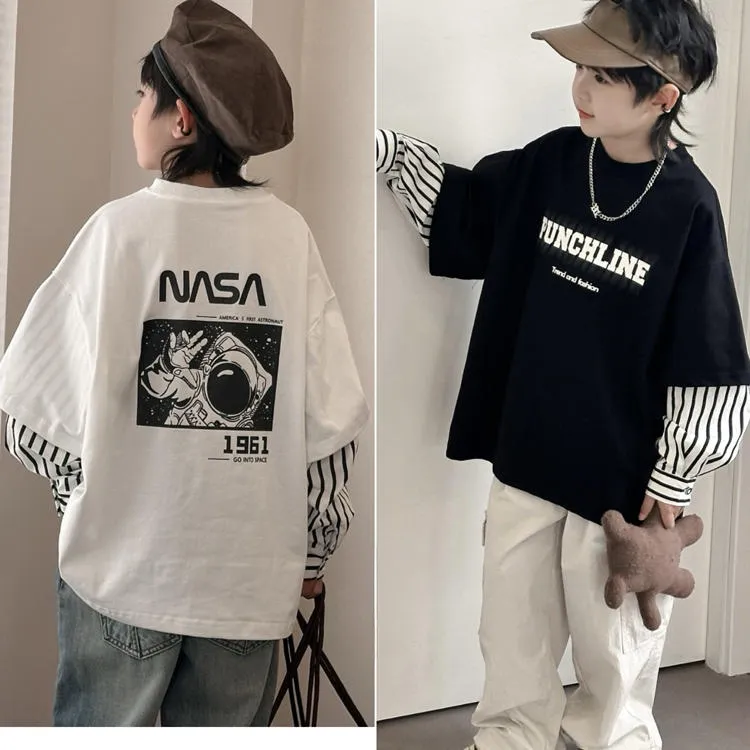 潮流童装2025春儿童拼接假两件卫衣中大童套头长袖T恤韩版打底