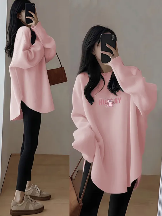 新年甜美减龄外穿内搭下摆弧形女t恤长袖红色上衣中长款洋气卫衣