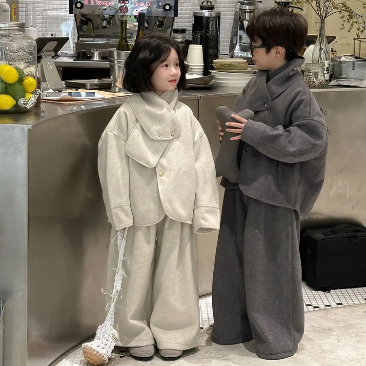 儿童韩系呢子套装秋冬季时髦加厚外套毛呢长裤中小童高级感兄妹装
