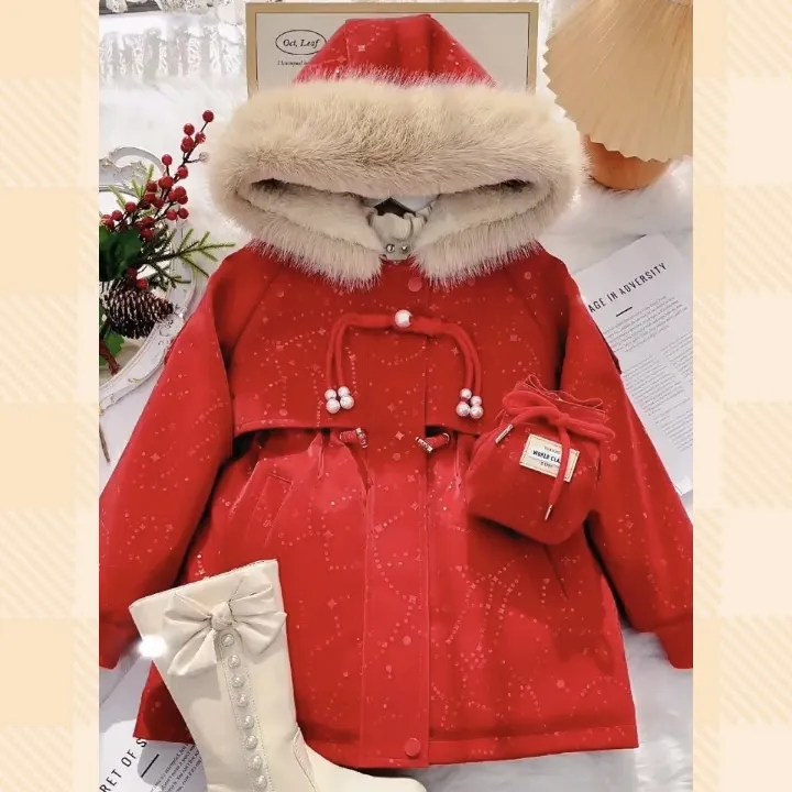 女童派克服2024新款冬装儿童洋气毛领皮衣中大童加绒加厚外套秋冬