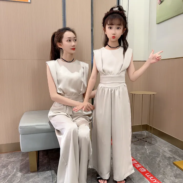 亲子小众设计缎面丝滑蝴蝶结阔腿裤时尚法式气质高能感名媛套装