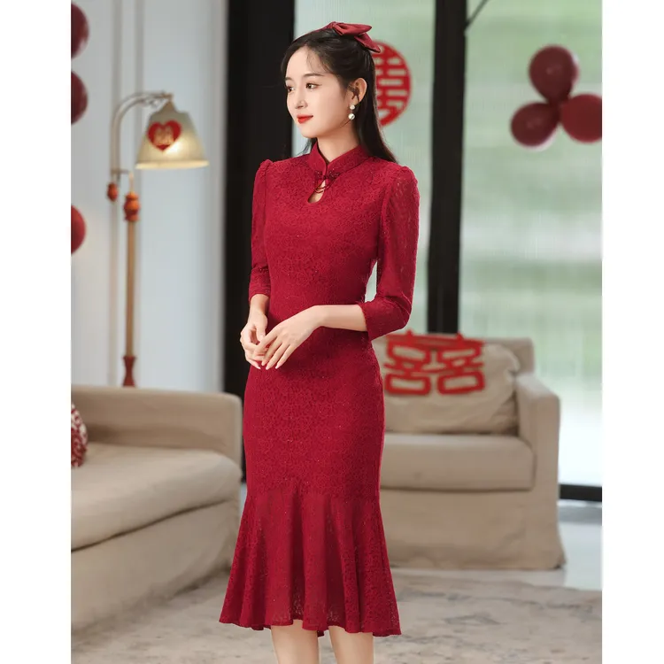 鱼尾改良旗袍回门敬酒服2025年新款婚礼春秋新中式年轻款新娘中袖