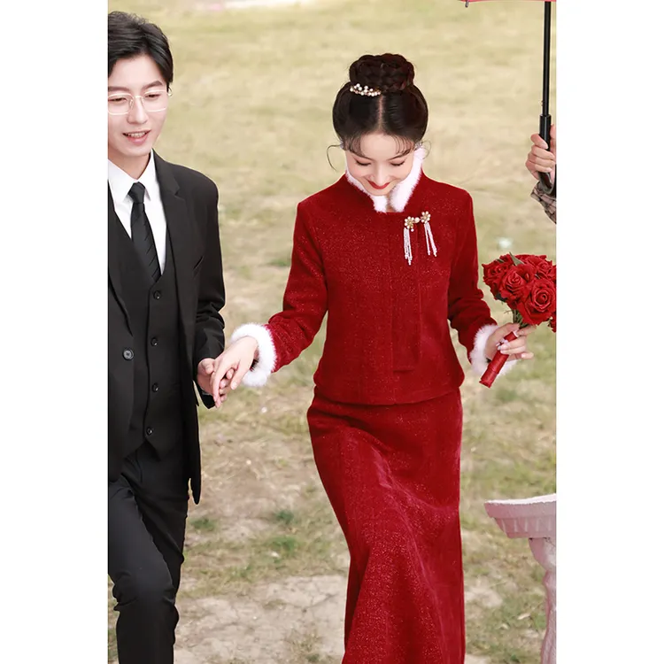 小香风套装冬款拜年服新娘中式红色旗袍加棉结婚订婚礼服平时可穿