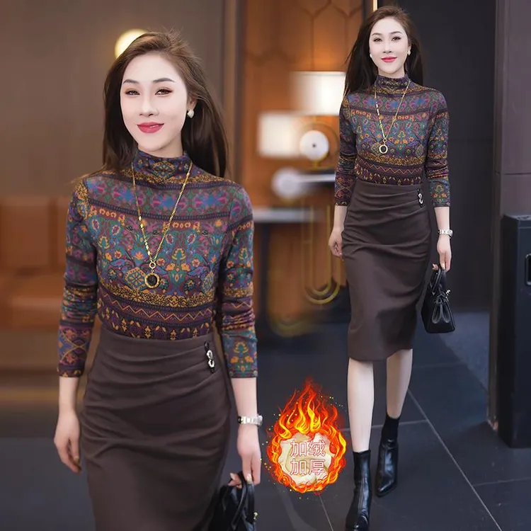 半高领加绒洋气印花显瘦打底衫女2025秋冬季新款时尚百搭内搭上衣