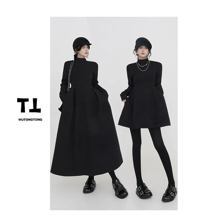 现货【累积积分】冬季高领长袖气质连衣裙女休闲长款A字打底裙61488