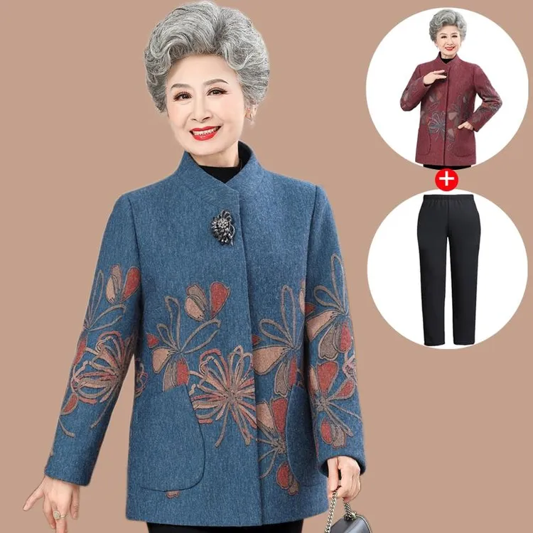 奶奶装春装外套中老年人女装洋气妈妈气质春秋毛呢60岁70太太衣服