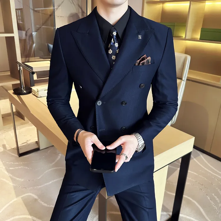 高级感双排扣西装套装男英伦商务休闲正装婚礼新郎结婚西服两件套
