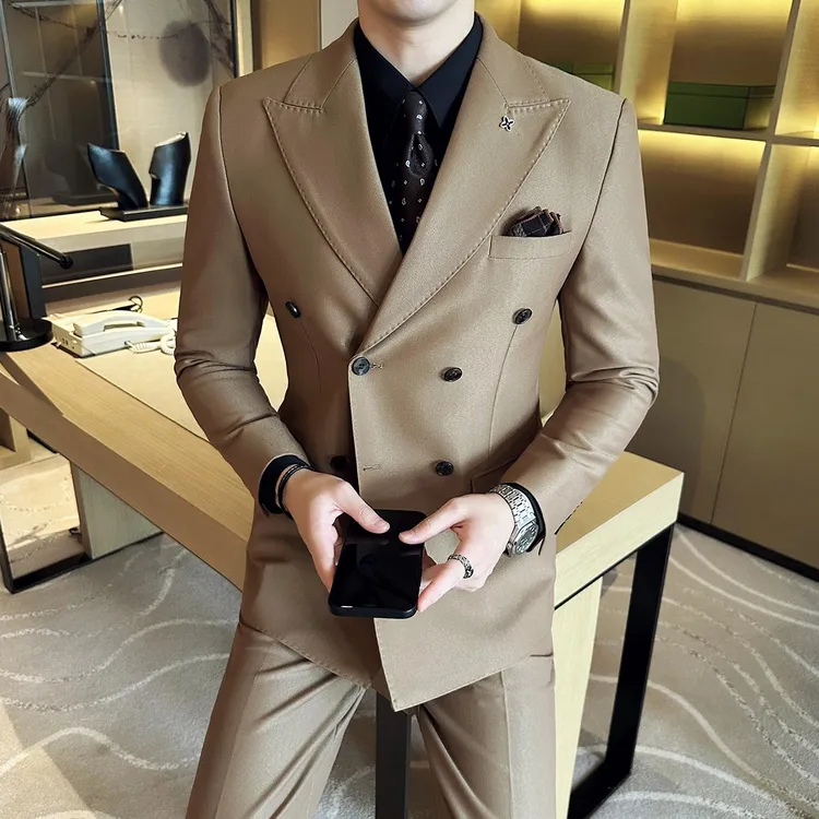 英伦风双排扣西装男套装2025新款潮流修身商务休闲结婚西服三件套