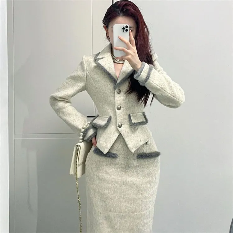 2024富家千金小香风毛呢套装女秋冬氛围感西装外套半身长裙两件套